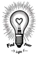 a lightbulb with a heart filament  and rays emitting from it. the tattoo also says find your light  tattoo design idea