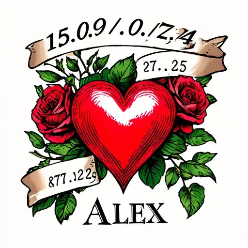 "15.09.74 Alex 27.02.25" heart date name written tattoo design idea