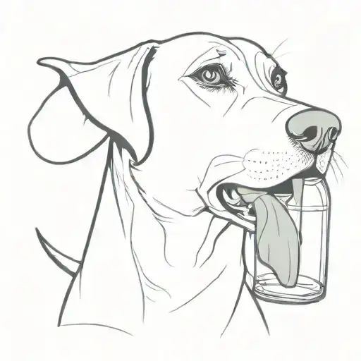 full beagle minimalistic line drawing holding a crushed plastic bottle in mouth  tattoo design idea