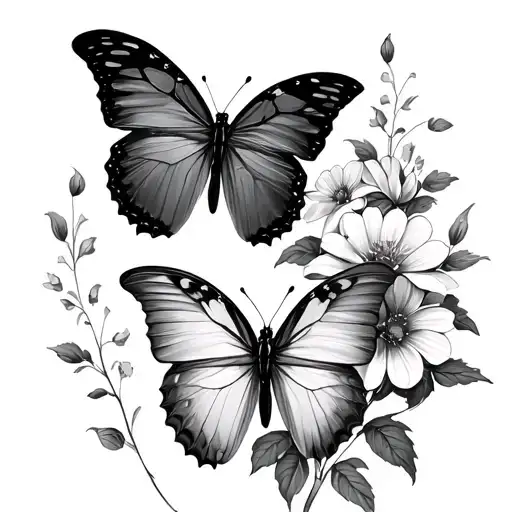 Two butterflies tied with flowers tattoo design idea
