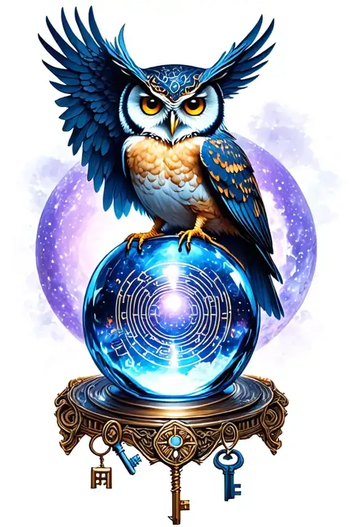 "Aikaterine " "Aikaterine " Hecate goddess of magic, owl perched atop a crystal ball, triple moon, labyrinth and keys tattoo design idea