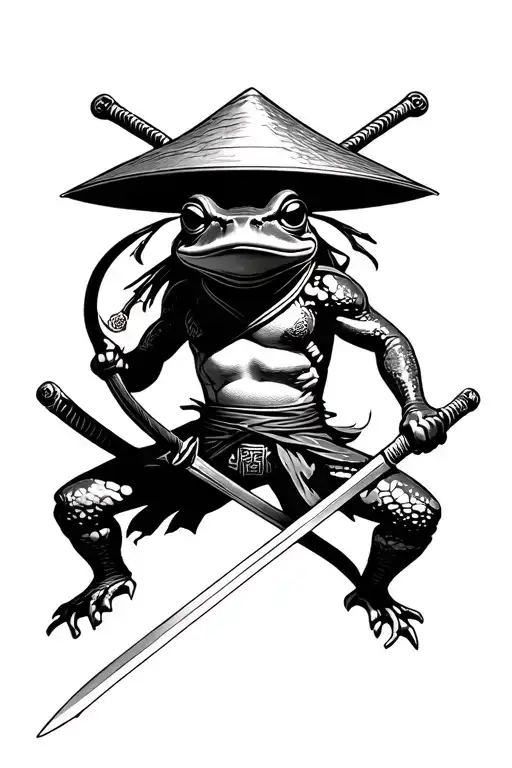 ninja Frog, using a chinese hat, attacking with 2 swords crossing tattoo design idea