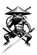ninja Frog, using a chinese hat, attacking with 2 swords crossing tattoo design idea