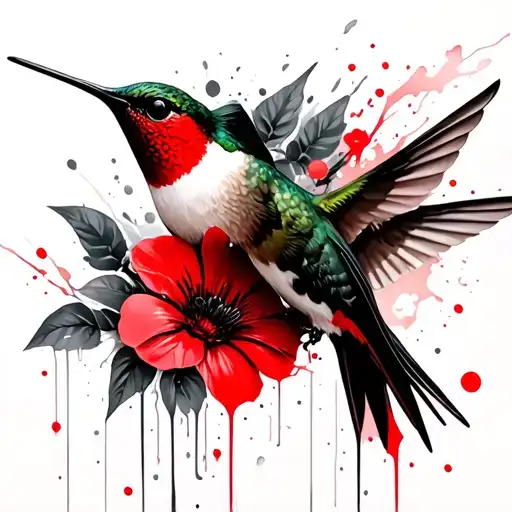 Hummingbirds Flowers in the Japanese style is black red tattoo design idea