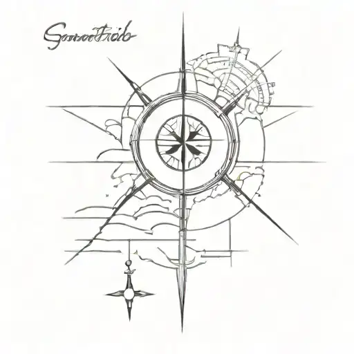 A minimalist tattoo design of a sunrise over a city skyline with a compass rose, symbolizing a love for travel and the beauty of new beginnings tattoo design idea