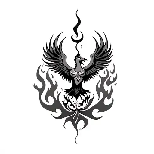 A black-grey tattoo of a phoenix rising from the flames, with Shiva's trishul incorporated tattoo design idea