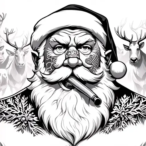 Boss of Santa Claus with tattoos and joint in the mouth. In the background elves and reindeer that celebrate. The background not tattoo design idea