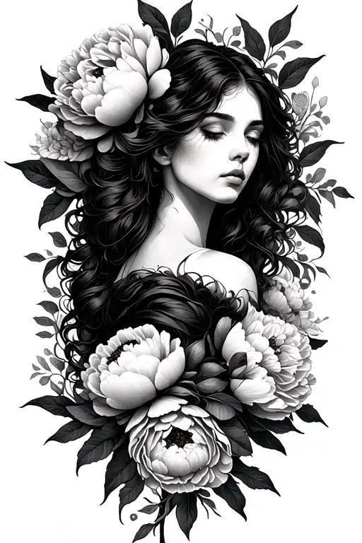 woman emerging from peonies, strength, resiliance, warrior tattoo design idea