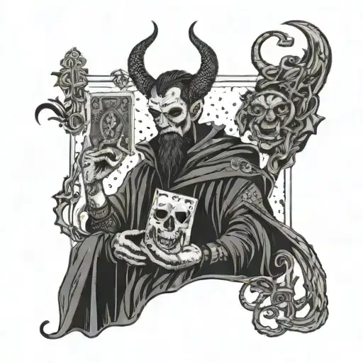 A greed-themed tarot card with a devil and money symbols tattoo design idea