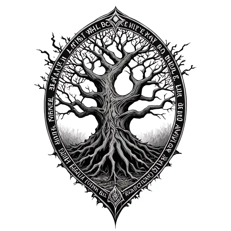 Tree of life Whit text In umbra temporis Whit warhammer 40000k style and abbility To add names and dates on tree tattoo design idea