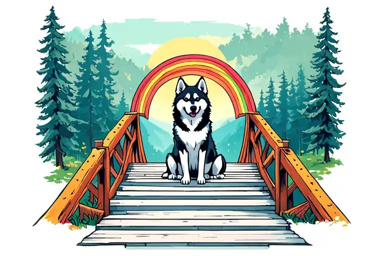 husky silloete sitting at the steps of the rainbow bridge looking back them one last time  tattoo design idea