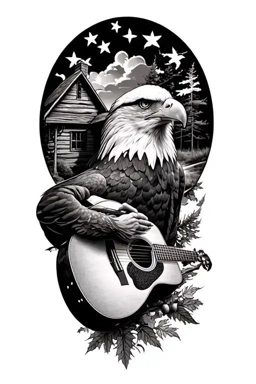 Combine elements of a log cabin, acoustic guitar, and a bald eagle into a cohesive blackwork sleeve tattoo, symbolizing the client's love for music, nature, and patriotism tattoo design idea