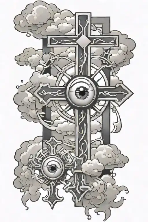 three crosses with a eye ball surrounded with clouds tattoo design idea