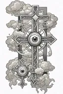 three crosses with a eye ball surrounded with clouds tattoo design idea