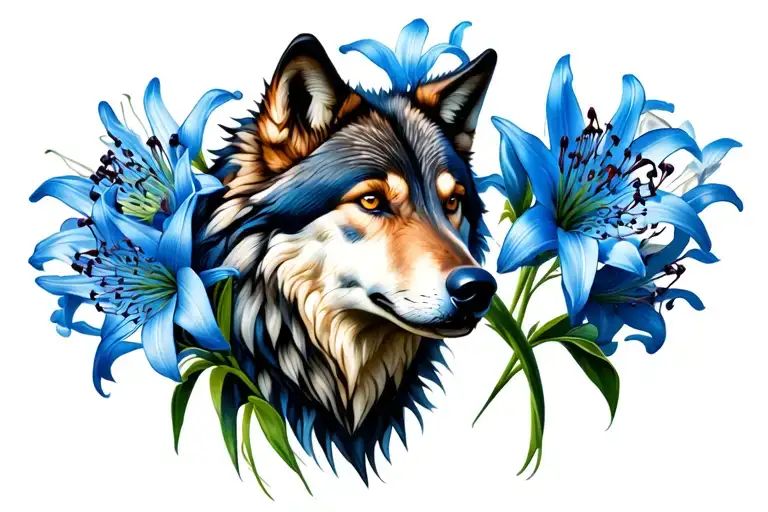wolf head facing forward with blue spider lilies blooming along tattoo design idea