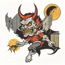 A devil emerging from between two collapsing skyscrapers that were hit by a Boeing 767 tattoo design idea