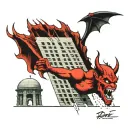 A devil emerging from between two collapsing skyscrapers that were hit by a Boeing 767 tattoo design idea