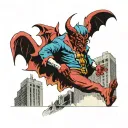 A devil emerging from between two collapsing skyscrapers that were hit by a Boeing 767 tattoo design idea