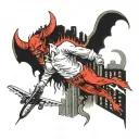 A devil emerging from between two collapsing skyscrapers that were hit by a Boeing 767 tattoo design idea