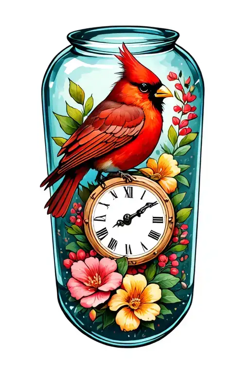 Time in a bottle, cardinal bird, flowers intertwined tattoo design idea