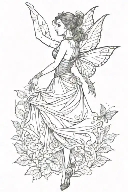 fairy pivoting with arms up and her skirt falling. view fromt the back/ side to see wings. standing on a butterfly leaf tattoo design idea