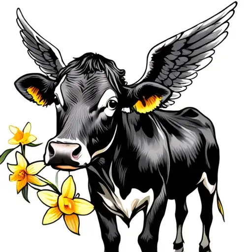 a small, simple cow with angel wings and daffodil flowers tattoo design idea