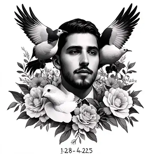Isaac Williams with doves and flowers with dates 1/8/24-6/30/25 and surrounding imagery  tattoo design idea