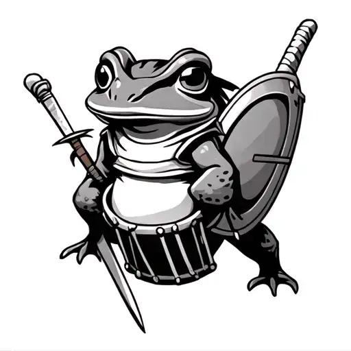 samurai frog with drum as shield and drumstick as sword tattoo black and grey tattoo tattoo design idea