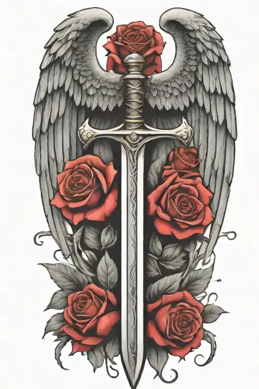 angel wings behind a sword, roses tattoo design idea
