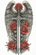 angel wings behind a sword, roses tattoo design idea