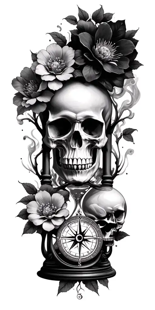 skulls flowers smoke trees hourglass compass tattoo design idea