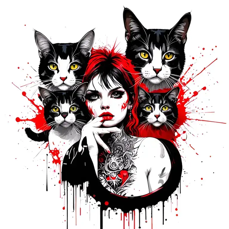 punk rock girl with gang of cats tattoo design idea