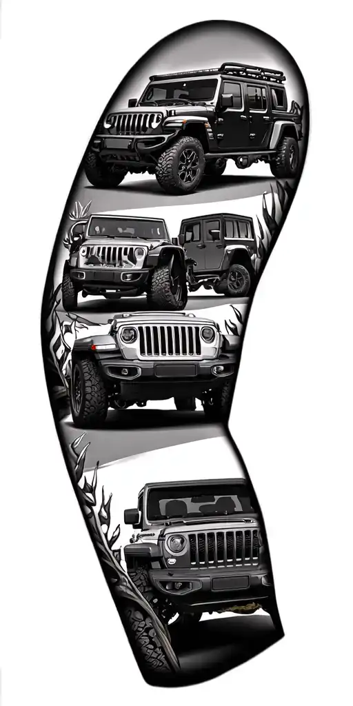 Make my new tattoo sleeve mockup: black and gray realism style.Just the JKU and XJ Jeep grilles, not full Jeeps, and no tattoo design idea