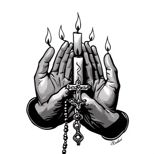 two burning candles on iether side of praying hands holding a rosary  tattoo design idea