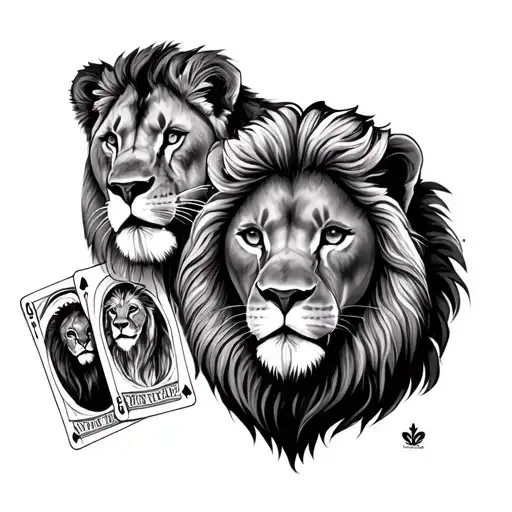 A sketch of a tattoo on a white background, h/b, contour. Portraits of the Lviv family: Leo, Lioness and 2 lion cards. competently located tattoo design idea