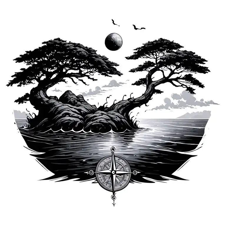 tree blowing in wind, nautical compass slightly sinking in water tattoo design idea