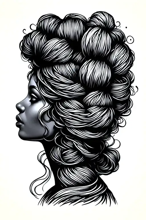 female face side profile with yarn exploding from top of head depicting tangled thoughts  tattoo design idea