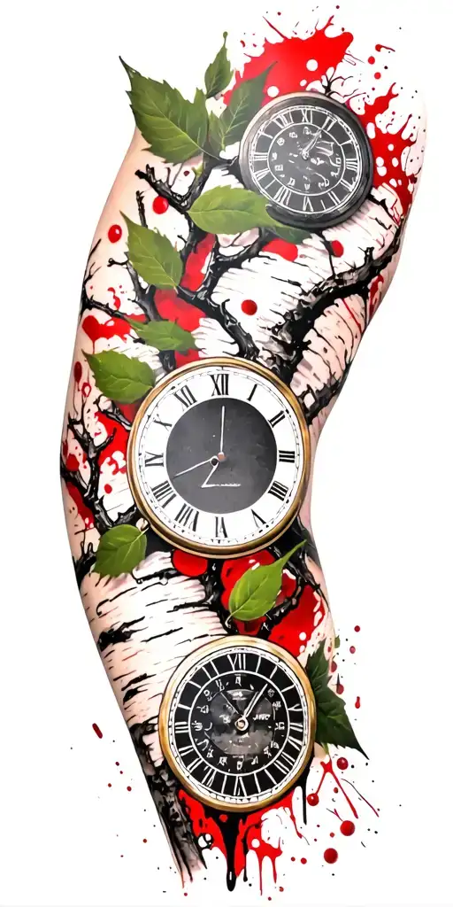birch branches with hunter green leaves with only three clocks integrated into it for an arm sleeve tattoo design idea