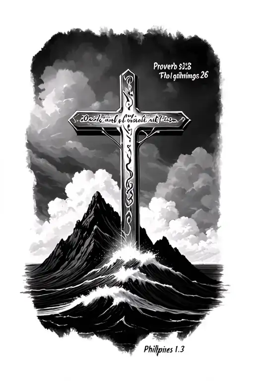 a cross on a mountain that has on ocean under it with proverbs 31:26 on one side of the cross and Philippines 1:3  tattoo design idea