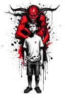 a boy standing with a scary demon grabbing him from behind tattoo design idea