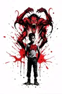 a boy standing with a scary demon grabbing him from behind tattoo design idea
