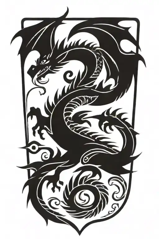 dragon and Polynesian tiki warrior tattoo design idea