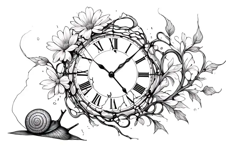 delicate, varying flower tendril, in it a broken, shattered clock over which a snail crawls tattoo design idea