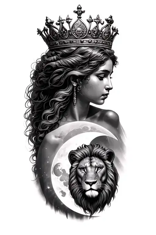 black & grey Leto greek goddess of motherhood wearing crown with a lion and the moon tattoo design idea