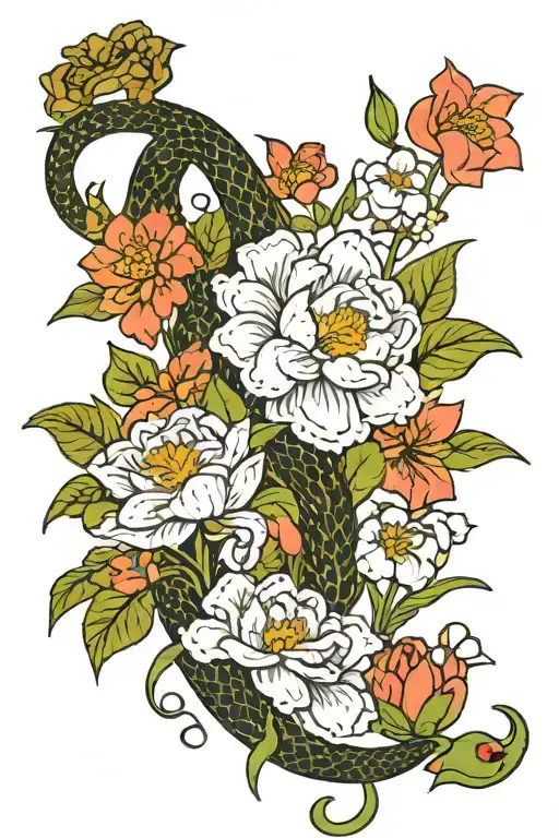snake and water lily and chrysanthemum and peonies and holly larkspur and poppy and gladiolus and narcissus flowers  tattoo design idea