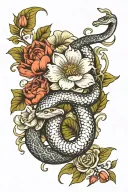 snake and water lily and chrysanthemum and peonies and holly larkspur and poppy and gladiolus and narcissus flowers  tattoo design idea