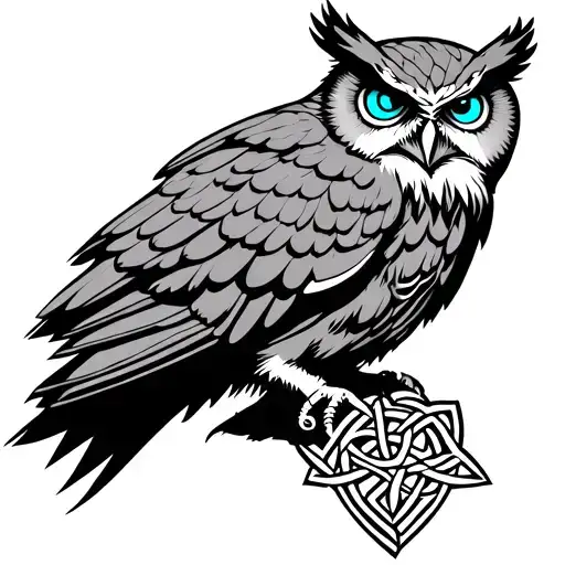 owl with blue eyes on armor tattoo design featuring Celtic trinity knot  tattoo design idea