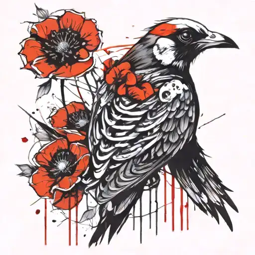 skeleton bird with poppy tattoo design idea