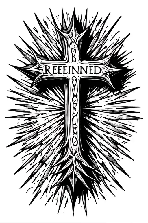 spike cross with the word 'redeemed' going down it tattoo design idea