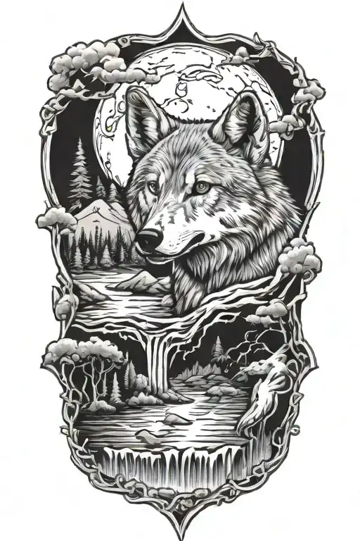 wolf cub, river, moon, adult wolf tattoo design idea
